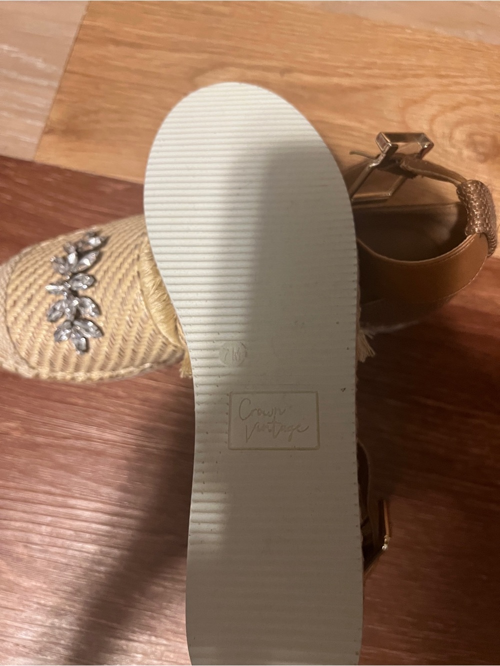 Crown Vintage Tan Raffia Espadrille Sandals with Crystal Leaf Accent - Picture 5 of 9